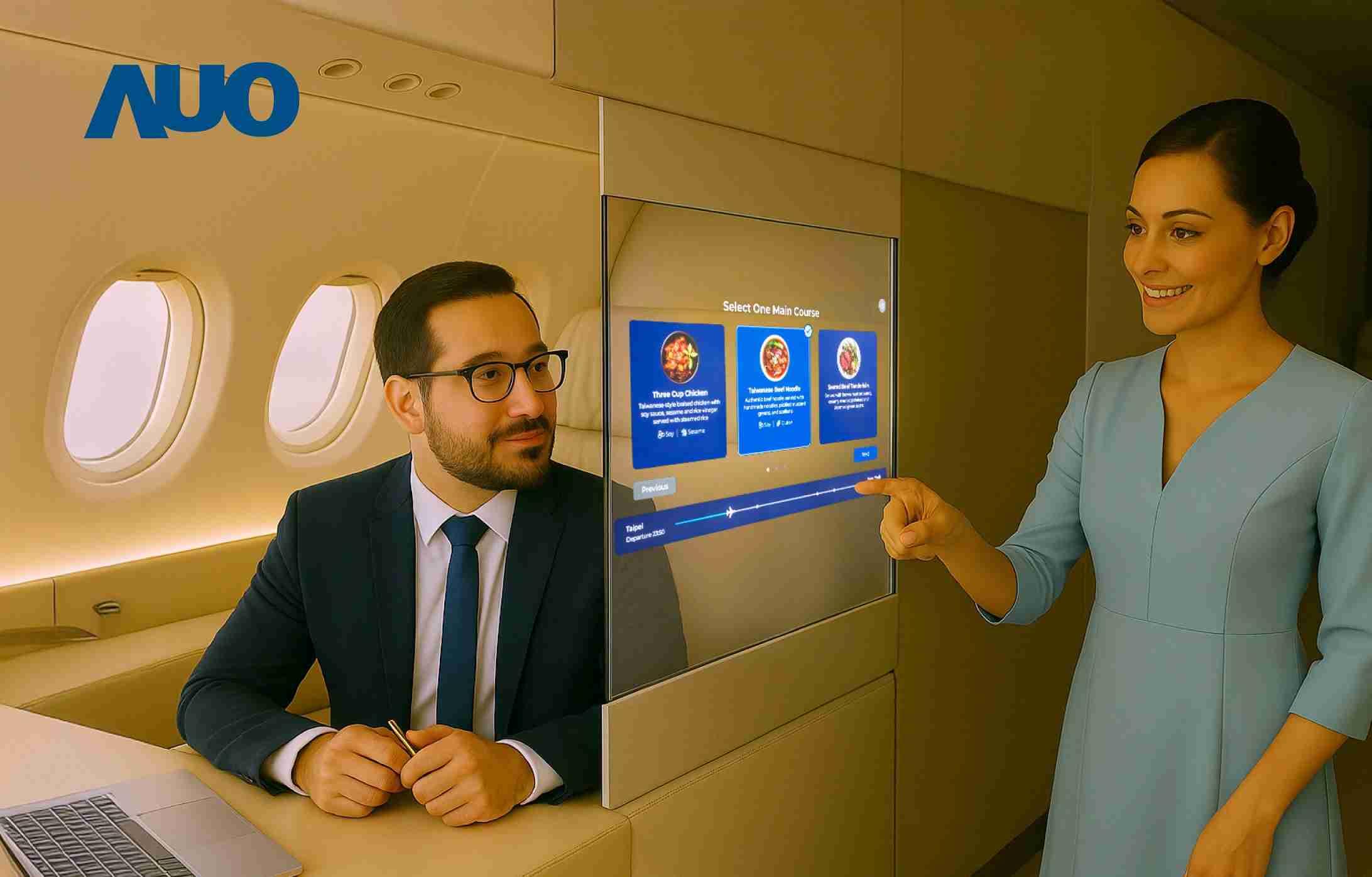 菠菜论坛研发全球最薄17.3 吋双面透明 Micro LED 显示器，，，可在同一屏幕之双边投射不同信息，，，，创造独特的”透明化”互动；图为实时翻译交流应用情境